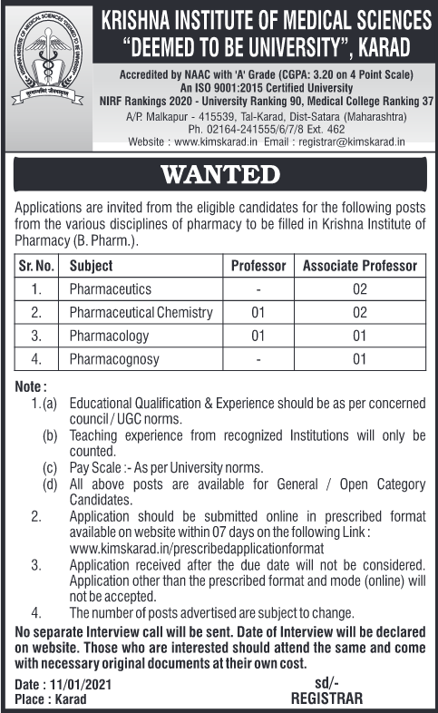 Applications are  invited for post of profession , Assistant professor to be filled in Krishan Institute of Pharmacy